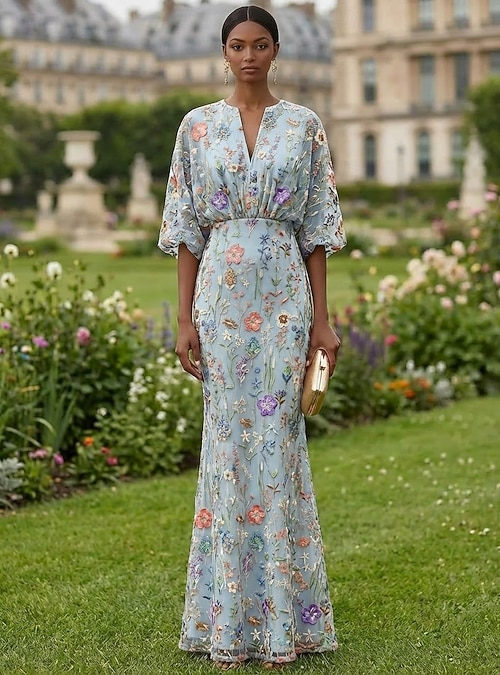 column dress casual Sheath Column Dress Floor Length Cocktail Dress Wedding Guest Dress Mother of the Bride Dress 3 4 Length Sleeve V Neck Elegant Casual Formal Wedding