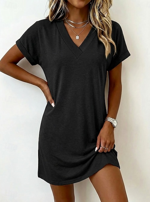 deep v neck t shirt dress Htigea Cotton Linen Midi Dress for Women Deep V Neck Short Sleeve T-Shirt Dress Solid Color Summer Beach Casual Dresses Beige XL