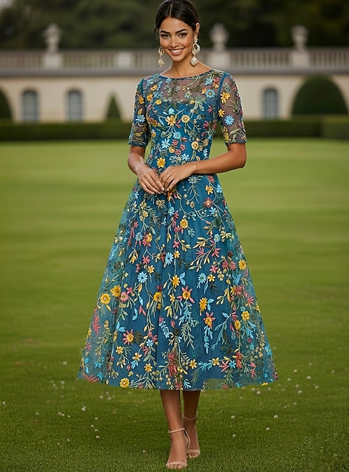 boat neck semi formal dress A-Line Tea Length Cocktail Dress Wedding Guest Dress Mother of the Bride Dress Half Sleeve Crew Neck Elegant Casual Kentucky Derby Formal Tulle with Embroidery Appliques 2026 dusty sage flower girl dress