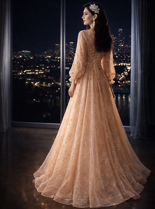 A-Line Floor Length Prom Dresses Elegant Glittering Long Sleeve High Neck Wedding Guest Engagement Tulle with Sequin 2026 - $149.99 A-Line Floor Length Prom Dresses Elegant Glittering Long Sleeve High Neck Wedding Guest Engagement Tulle with Sequin 2026 - $149.99