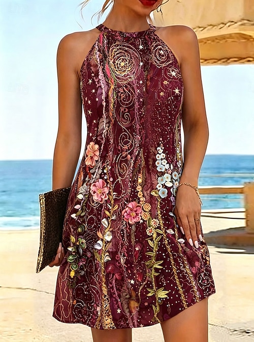 Halloween Women's Knee Length Dress A Line Dress Summer Dress Vacation  Casual Regular Fit Floral Graphic Sleeveless Halter Neck Red Purple Green  Summe