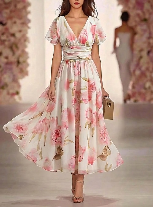 short floral chiffon dresses Nox Anabel R117 - Short Chiffon A-line Dress - Strapless, Tiered Ruffle Skirt, Cutout Bodice, Floral Printed Design, 3D Rosette 0 / Blue Print