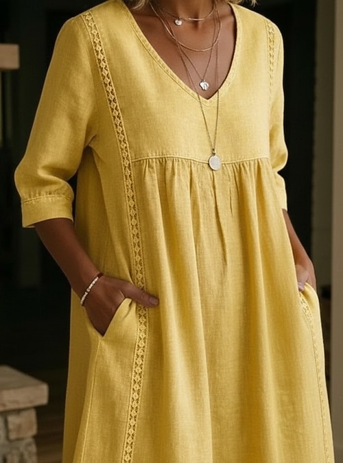 cotton or linen dresses for women Women's Chiffon Sleeveless Backless V Neck A Line Mid Calf Dress, Natural Waist