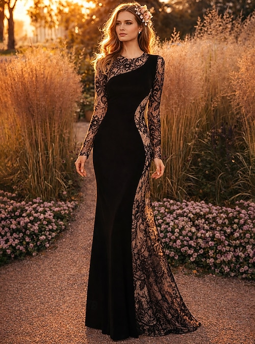 Mermaid Mother of the Bride Dress Wedding Guest Formal Evening Elegant  Party Jewel Neck Floor Length Lace Velvet Long Sleeve No with Appliques  Color Block 2026 - $206.99
