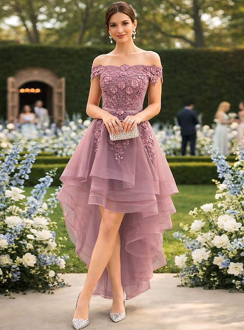 off shoulder floral high low dress Off-Shoulder Tiered Gown with Floral Lace and Slit 40397