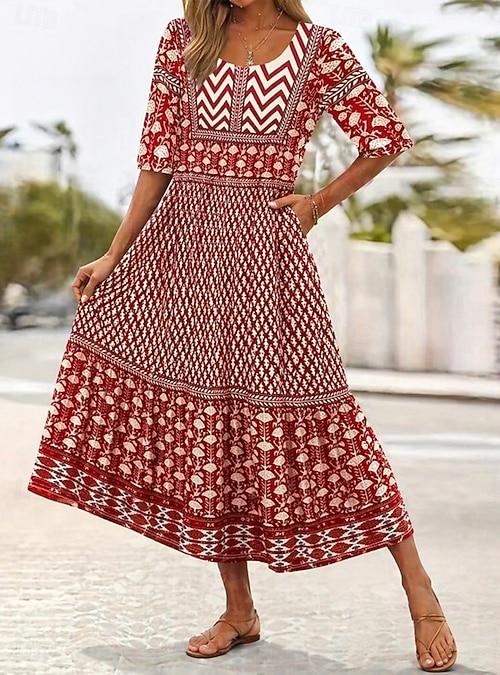 casual boho midi dress Women's Summer Dress Vacation Daily Beach Regular Fit Floral Half Sleeve Crew Neck Blue Red Dark Blue Beige Summer Spring 2026 Color:Pine Green / Light Gold