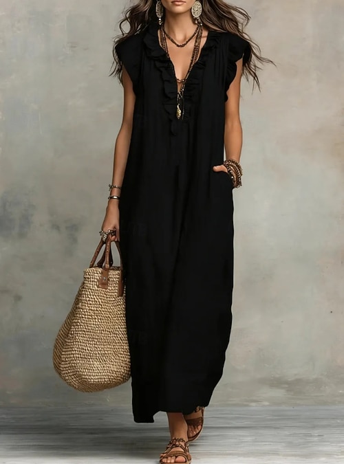 sleeveless v neck maxi shift dress for women Linen Dress Old Navy V Neck Shift Dress Sleeveless V-Neck Tie-Back Smocked Maxi  Shift