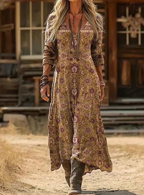 dark brown boho dress Women's Maxi Dress Sundress Summer Dress Vacation Casual Boho Daily Beach  Going out Regular Fit Floral Graphic Color Block Long Sleeve V Neck Dark  Brown Light Brown Fuchsia Summer Spring 2026