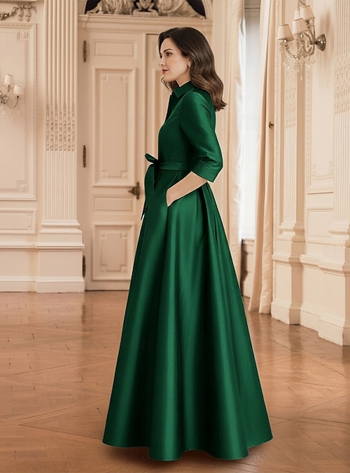 A-Line Floor Length Shirt Dress Wedding Guest Dress Formal Dresses Mother  of the Bride Dress Half Sleeve Shirt Collar Minimalist Formal Wedding Guest  Fall Satin with Bow(s) Pleats 2026 - OMR 70.79