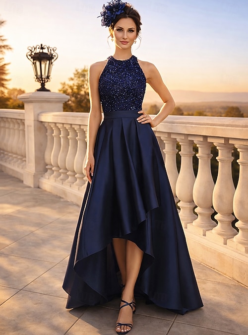 A-Line Asymmetrical Evening Gown Wedding Guest Dresses Ball Gown Formal Dress Sparkle & Shine High Low Sleeveless Jewel Neck Party Wear Semi Formal