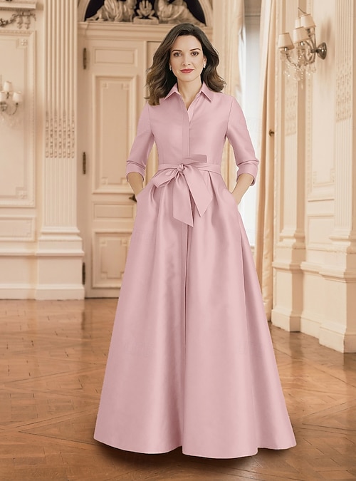 A-Line Floor Length Shirt Dress Wedding Guest Dress Formal Dresses Mother of the Bride Dress Half Sleeve Shirt Collar Minimalist Formal Wedding Guest Fall Satin with Bow(s) Pleats 2026