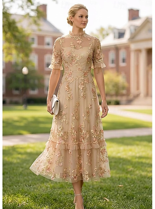 A-Line Dress Ankle Length Tea Length Cocktail Dress Mother of the Bride Dress Short Sleeve Crew Neck High Neck Elegant Luxurious Formal Wedding Guest Semi Formal Lace with Ruffles Embroidery Appliques 2026 - A-Line Dress Ankle Length Tea Length Cocktail Dress Mother of the Bride Dress Short Sleeve Crew Neck High Neck Elegant Luxurious Formal Wedding Guest Semi Formal Lace with Ruffles Embroidery Appliques 2026 -