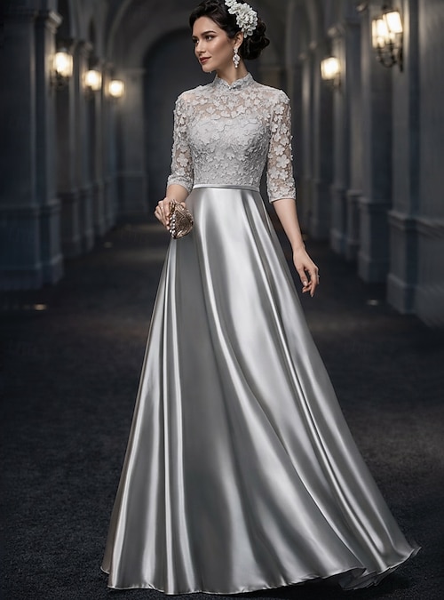 A-Line Floor Length Wedding Guest Dress Formal Dresses Evening Gown Mother of the Bride Dress Half Sleeve High Neck Elegant Vintage Wedding Guest