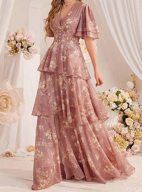 chiffon maxi dress casual Women's Maxi Dress Chiffon Dress Casual Dress Floral Dress Elegant Fashion  Modern Outdoor Vacation Going out Regular Fit Floral Short Sleeve V Neck  Black Pink Summer Spring 2026