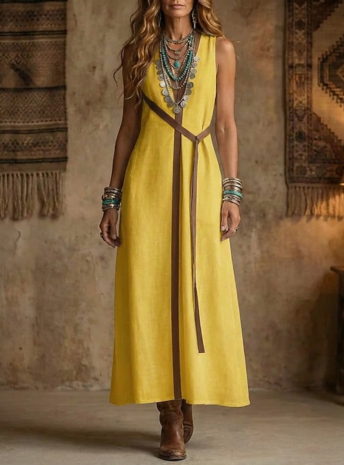 Women's Maxi Dress Linen-feel Dresses Boho Dress Swing Dress Elegant  Fashion Modern Outdoor Holiday Going out Regular Fit Color Block Sleeveless  Mandarin Collar White Yellow Wine Dark Blue Summer 2026 - $31.99