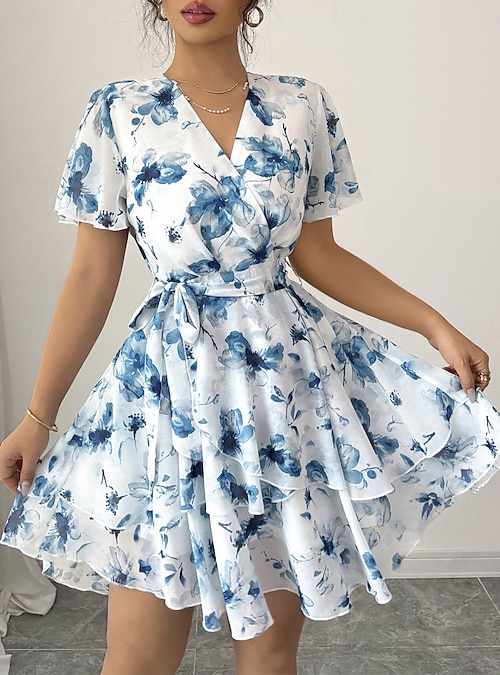 just above knee length dresses Women's Dress Chiffon Dress Floral Dress Print Dress Fashion Modern Outdoor Vacation Going out Regular Fit Floral Short Sleeve V Neck Blue Red Green Summer Spring 2026 LDR-1341-BATIK