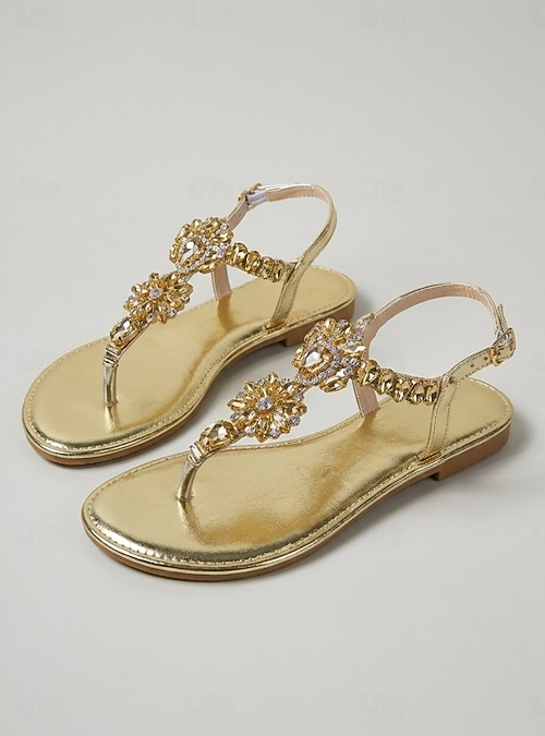 flat sandals for formal dress Women's Gold Crystal Flat Sandals, Open Toe T-Strap Evening Dress Shoes for  Resort Dinner, Vacation & Summer Evening Events 2026