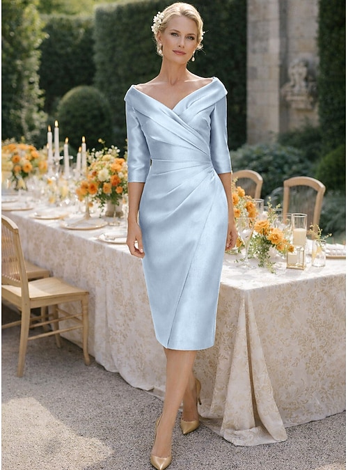 Sheath Column Tea Length Party Dress Cocktail Dress Wedding Guest Dress  Mother of the Bride Dress Half Sleeve V Neck Elegant Vintage Luxurious  Formal Wedding Guest Satin Jacket Dresses with Pleats 2026 -