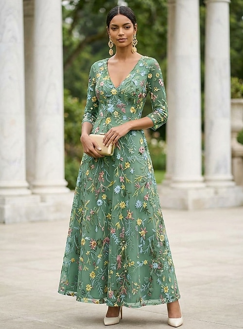 vintage printed v-neck long-sleeve elegant dress Female Casual V-Neck Long Sleeve Maxi Dress Fashion Vintage Pattern P Sheingraceful