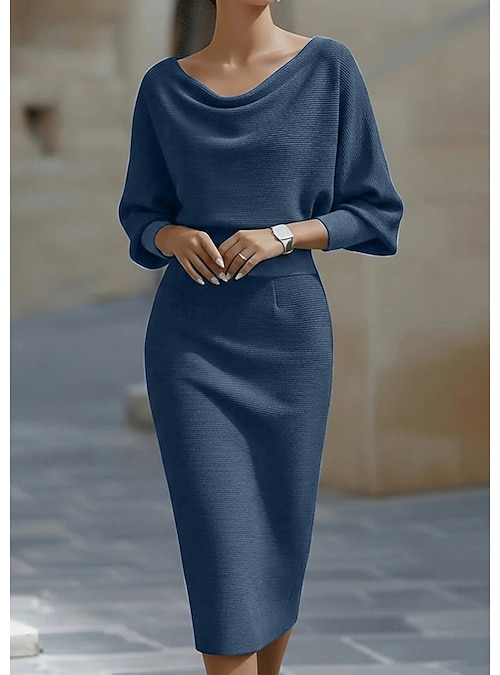 blue dresses for work INSPIRE CHIC Women's Wear to Work Sheath Petal Sleeve Elegant Office Pencil Dress Small Navy Blue