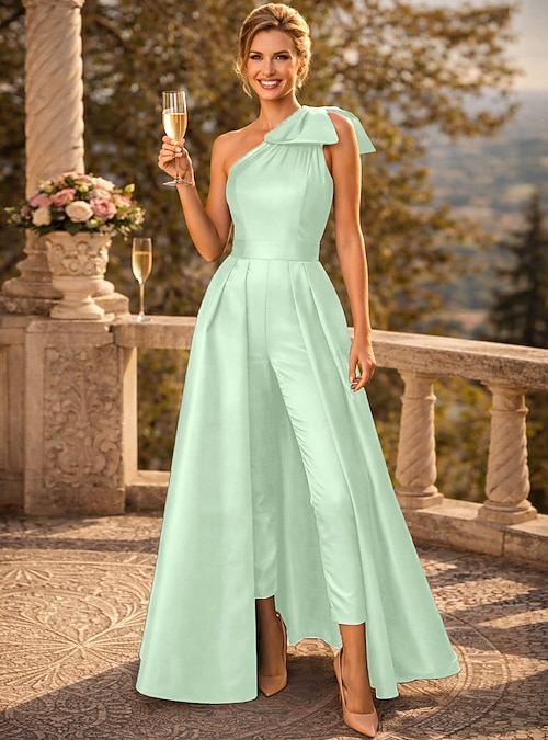 Jumpsuits Floor Length Evening Gown Ball Gown with Overskirt Formal Dress  Elegant Infinity Sleeveless One Shoulder Formal Wedding Guest Convertible  Stretch Fabric with Bow(s) Pleats Overskirt 2026 - $160.99