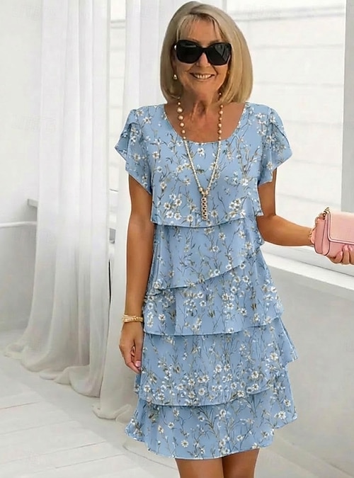 blue chiffon dress knee length Knee Length Blue Flowy Dress Blue Printed Chiffon Knee Length Tiered Dress Muvvas Boutique Medium Blue Chiffon