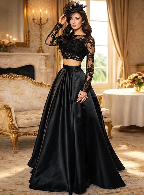 Two Piece Sweep Brush Train Prom Dresses Black Dress Long Sleeve Jewel Neck Prom Formal Evening Satin Lace with Pure Color