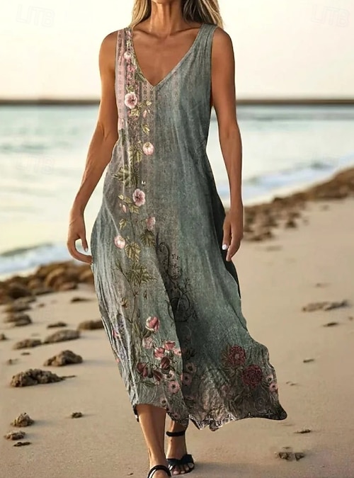 vintage boho midi dress Women's Midi Dress Boho Dress Vintage Dress Casual Dress Vintage Flowy Home Street Holiday Regular Fit Boho Floral Sleeveless V Neck Sage Green Rusty Red Beige Summer Spring 2026