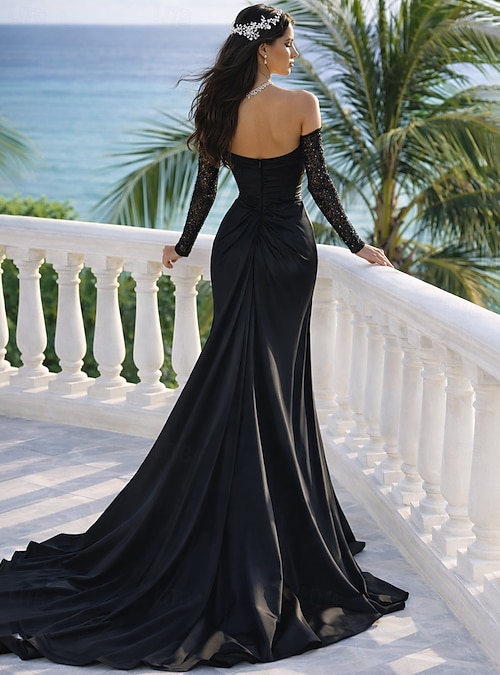 Mermaid Trumpet Court Train Prom Dresses Evening Gown Ball Gown Formal Dress  Vintage Sparkle & Shine Sexy Long Sleeve Off Shoulder Formal Wedding Guest  Satin Sequined with Ruched Sequin Slit 2026 - $197.99