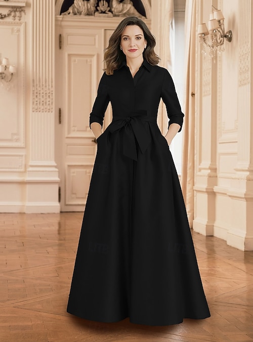 A-Line Floor Length Shirt Dress Wedding Guest Dress Formal Dresses Mother  of the Bride Dress Half Sleeve Shirt Collar Minimalist Formal Wedding Guest  Fall Satin with Bow(s) Pleats 2026 - OMR 70.79