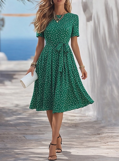 a line going out dress Women's Midi Dress A Line Dress Vacation Casual Outdoor Going out Standard  Fit Floral Short Sleeve Crewneck Navy Black Wine Green Summer Spring 2026