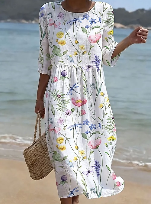 Women's Midi Dress Linen-feel Dresses Sundress Summer Dress Vacation Casual  Boho Holiday Loose Fit Floral Graphic Half Sleeve Crew Neck Blue White  Yellow Pink Summer Spring 2026 - $34.99
