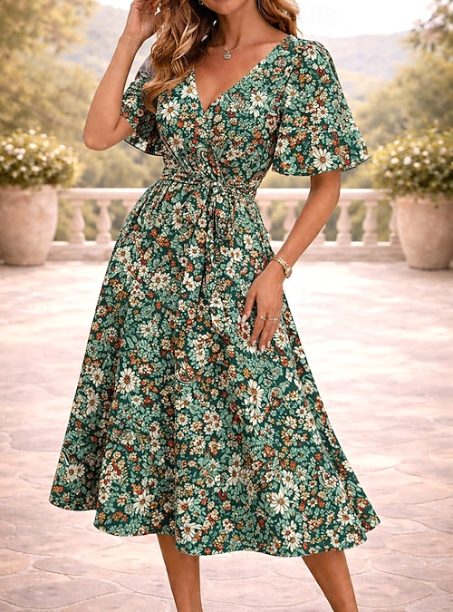 Women's Midi Dress A Line Dress Bandage Dress Ruffle Dress Vacation Casual  Flare Cuff Sleeve Holiday Date Regular Fit Floral Graphic Short Sleeve V  Neck Blue Sky Blue Orange Green Summer Spring