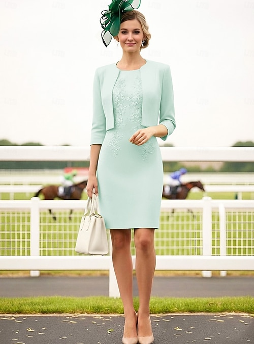 Two Piece Sheath Column Dress Sets Knee Length Wedding Guest Dress Mother of the Bride Dress 3/4 Length Sleeve Jewel Neck Elegant Simple Formal Wedding Guest Stretch Fabric Jacket Dresses with 2026 - $183.99 Two Piece Sheath Column Dress Sets Knee Length Wedding Guest Dress Mother of the Bride Dress 3/4 Length Sleeve Jewel Neck Elegant Simple Formal Wedding Guest Stretch Fabric Jacket Dresses with 2026 - $183.99