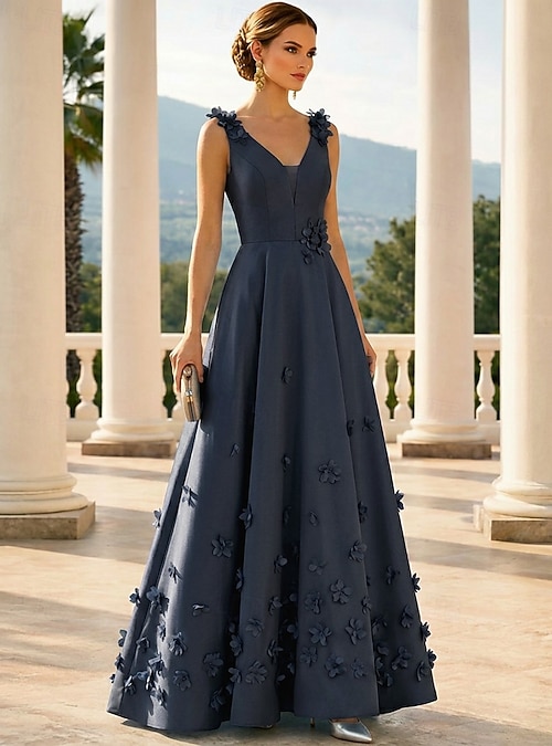 daytime formal dresses A-Line Floor Length Evening Gown Dress Elegant Pastel Casual / Wedding Sleeveless V Neck Wedding Formal Satin with 3D Flowers 2026 not_new_arrival