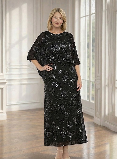 short sleeve ankle length dress Mother Dress Bateau Neck Short Sleeves Two-piece Flowers Ankle-Length  Wedding Guest Dresses