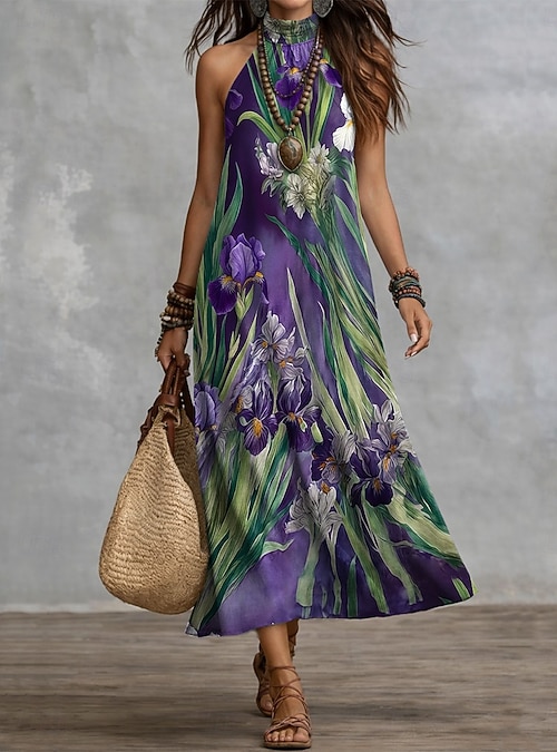 bohemian holiday dresses Boho Dress V-Neck Half Sleeves Floral Printed Stretch Pleated Maxi Beach Dress