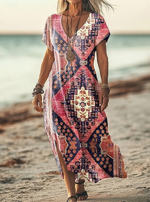 Women's Maxi Dress Sundress T Shirt Dress Tee Dress A Line Dress Vacation Casual Beach Going out Loose Fit Floral Graphic Tribal Short Sleeve V Neck Pink Purple Orange Summer Spring 2026 - Women's Maxi Dress Sundress T Shirt Dress Tee Dress A Line Dress Vacation Casual Beach Going out Loose Fit Floral Graphic Tribal Short Sleeve V Neck Pink Purple Orange Summer Spring 2026 -