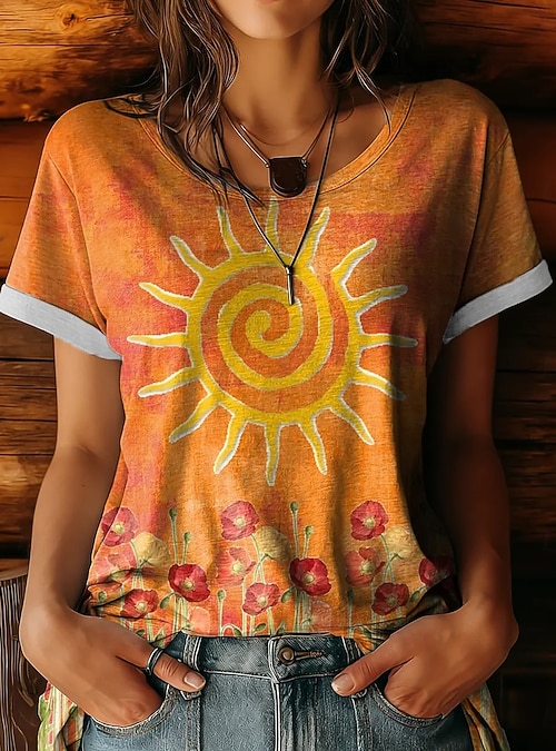 2026年 女性用 Tシャツ プリント フラワー グラフィック ヴィンテージ 