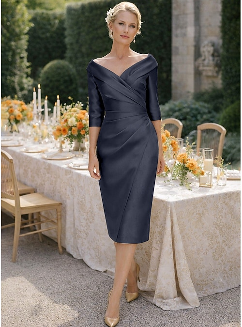 Sheath Column Tea Length Party Dress Cocktail Dress Wedding Guest Dress  Mother of the Bride Dress Half Sleeve V Neck Elegant Vintage Luxurious  Formal Wedding Guest Satin Jacket Dresses with Pleats 2026 -