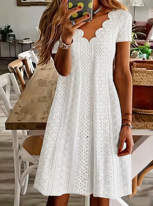 Women's Knee Length Dress White Dress Summer Dress Eyelet Dress Elegant  Fashion Modern Beach Vacation Holiday Regular Fit Plain Short Sleeve V Neck  Blue White Yellow Pink Summer Spring 2026 - CHF19