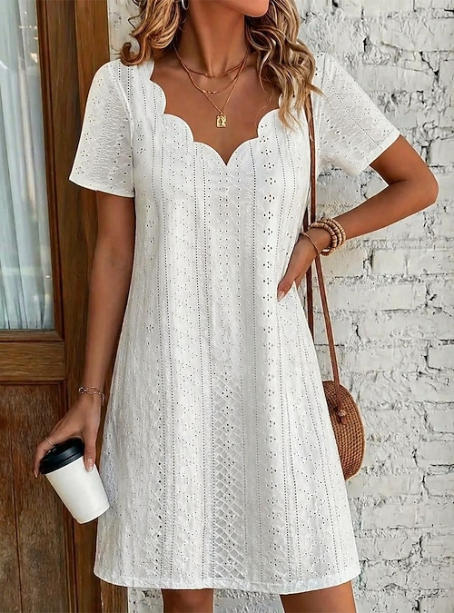 Women's Knee Length Dress White Dress Summer Dress Eyelet Dress Elegant  Fashion Modern Beach Vacation Holiday Regular Fit Plain Short Sleeve V Neck  Blue White Yellow Pink Summer Spring 2026 - kr.229