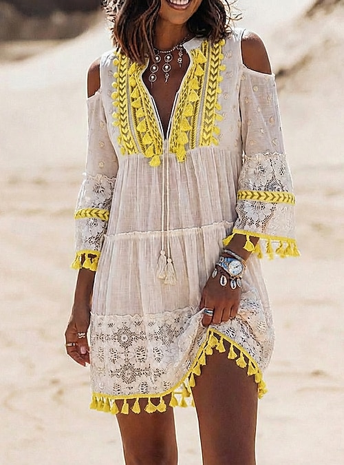 white and gold boho dress Women's Mini Dress Lace Dress Dress Summer Dress Elegant Fashion Beach Vacation Holiday Regular Fit Plain 3/4 Length Sleeve V Neck Blue White Yellow Pink Summer Spring 2026 Customized