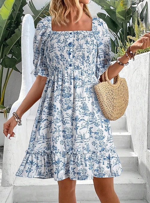 knee length casual floral dresses Women's Dress Dress Dress Print Dress Elegant Fashion Modern Puff Sleeve Outdoor Vacation Going out Loose Fit Floral Short Sleeve Square Neck Blue Pink Green Summer Spring 2026 women’s organza festive gown
