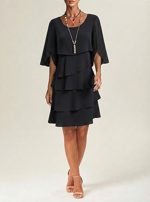black chiffon dress knee length Edera Caped Black Chiffon A-Line Dress, Knee-Length S