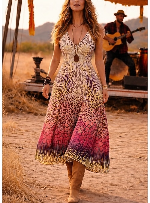 western holiday party dress Music Festival Women's Midi Boho Sundress A Line Dress Summer Dress Off The Shoulder Dress Vacation Casual Beach Party Graphic Leopard Geometric Sleeveless V Neck Pink 2026 40_off_sale_size_xlarge
