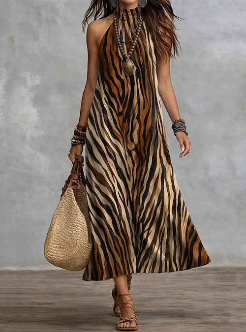 brown swing dresses Brown Linen Cotton Midi Swing Shirt Dress with Notched Collar Brown / XS
