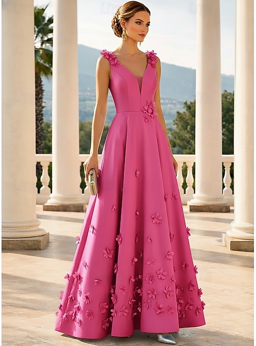 daytime formal dress A-Line Floor Length Evening Gown Elegant Pastel Casual / Wedding Sleeveless V Neck Wedding Formal Satin with 3D Flowers 2026 formal dresses