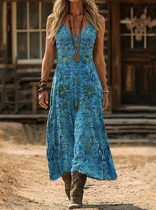Women's Maxi Dress Boho Dress Vintage Dress Casual Dress Vintage Regular Fit Floral Sleeveless V Neck Blue Black And White Green Summer Spring