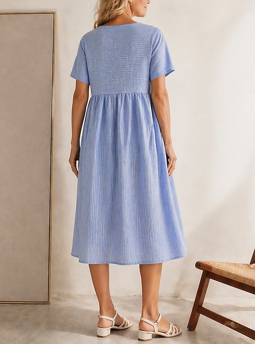 striped a line midi dress 100% Cotton Light Blue Stripe Midi Dress - All Dresses